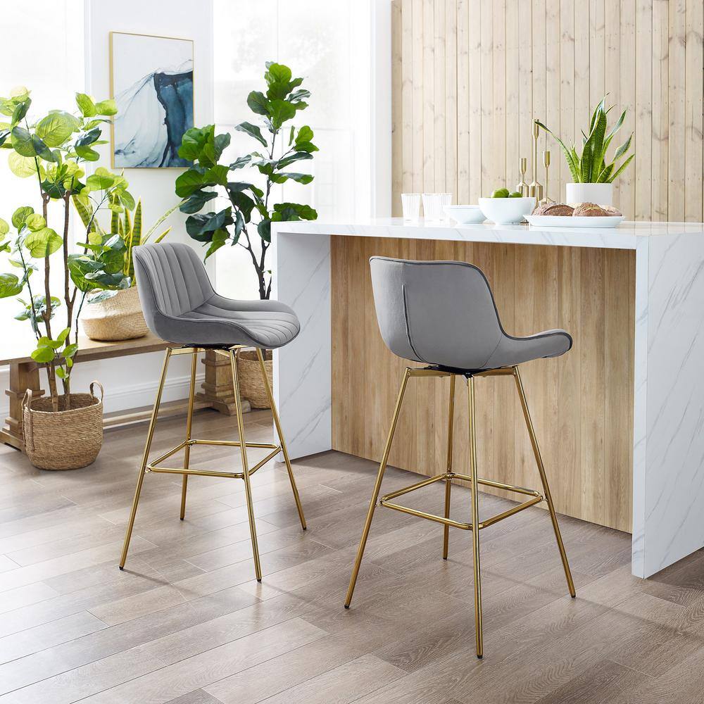 Luxurious Gray Velvet & Gold-Plated Swivel Bar Stool Set