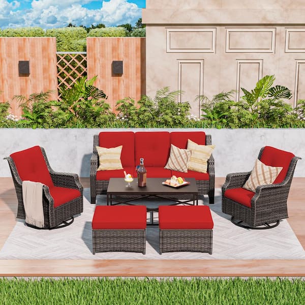 MeetLeisure 6-Piece Patio Furniture Swivel Chairs Outdoor Wicker Patio Conversation Set with Red Cushions