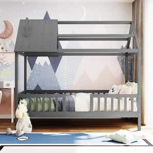 Gray Twin Size Kids House Bed Platform Bed with Roof and Safety Rail, Wood Kids Canopy Bed Frame with Fence