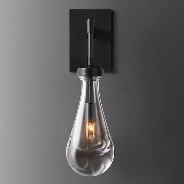 Gleam Flare 17.7 in. 1 Light Black Wall Sconce, Raindrop Wall Lighting with Hand Blown Solid Glass, Brass Base and Rod (1 Set)