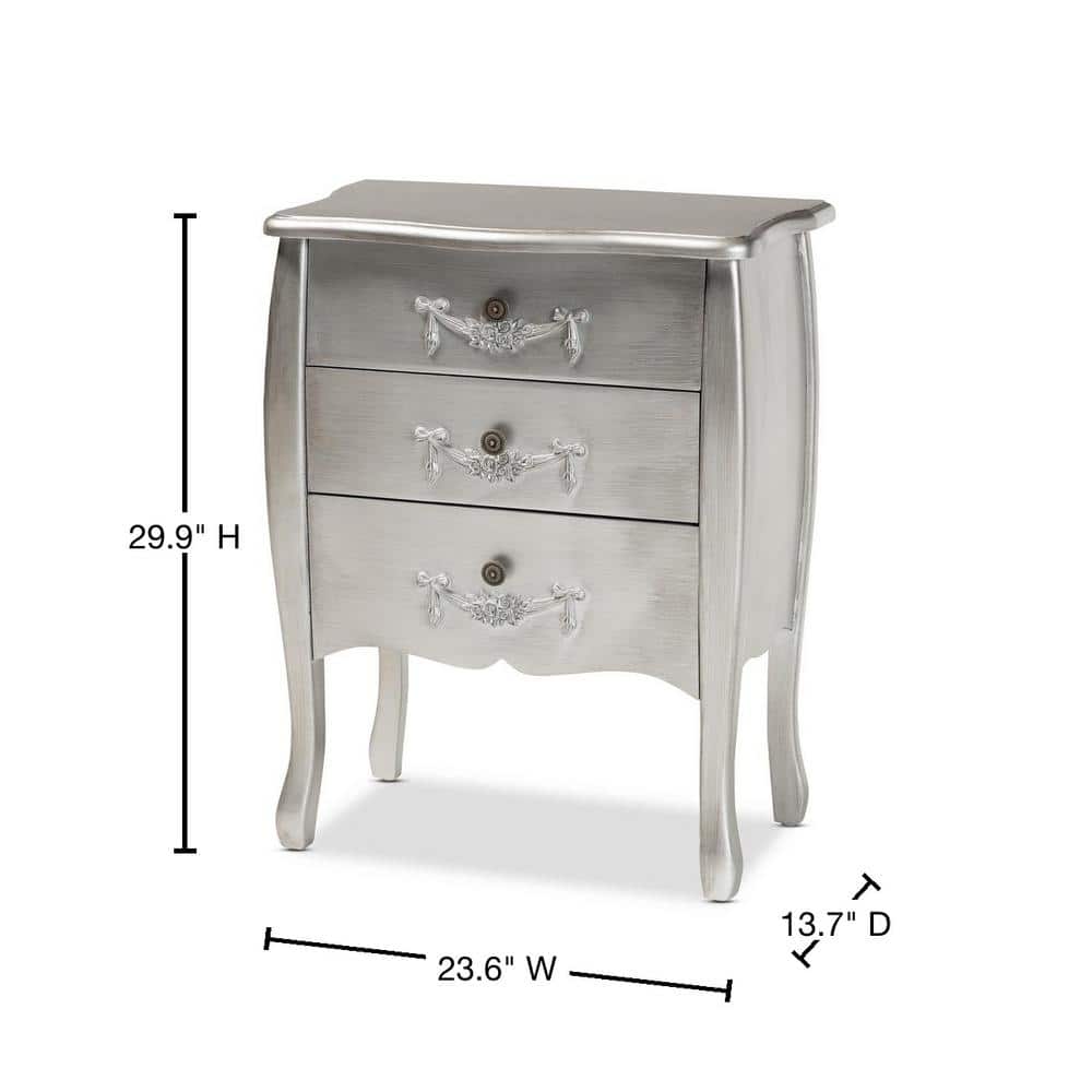 Eliya Traditional Brushed Silver 3-Drawer Solid Wood Storage Cabinet