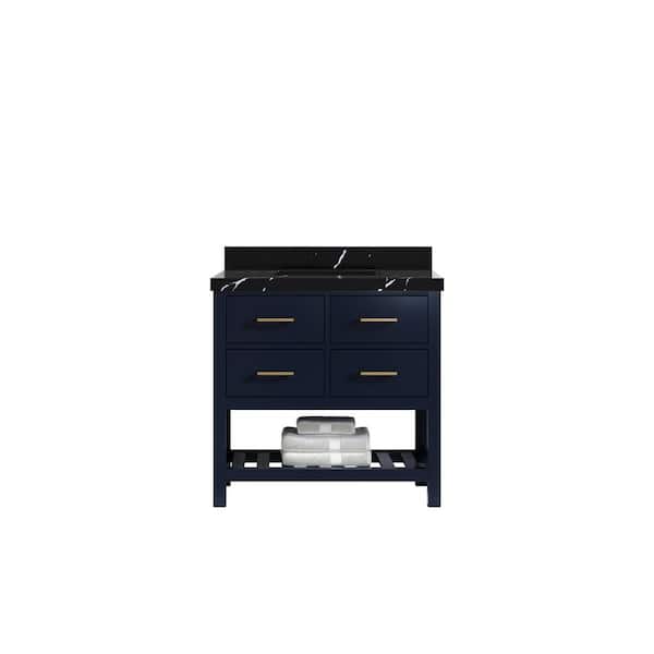 Willow Collections Parker 36 in. Single Sink Freestanding Navy Blue Bath Vanity with Calacatta Black Quartz Top Unassembled