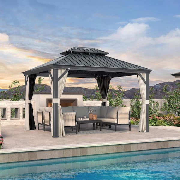 PURPLE LEAF 10 ft. x 14 ft. Gray Aluminum Power-Coated Frame Galvanized Steel Double Roof Hardtop Gazebo,Hooks,Beige Curtain