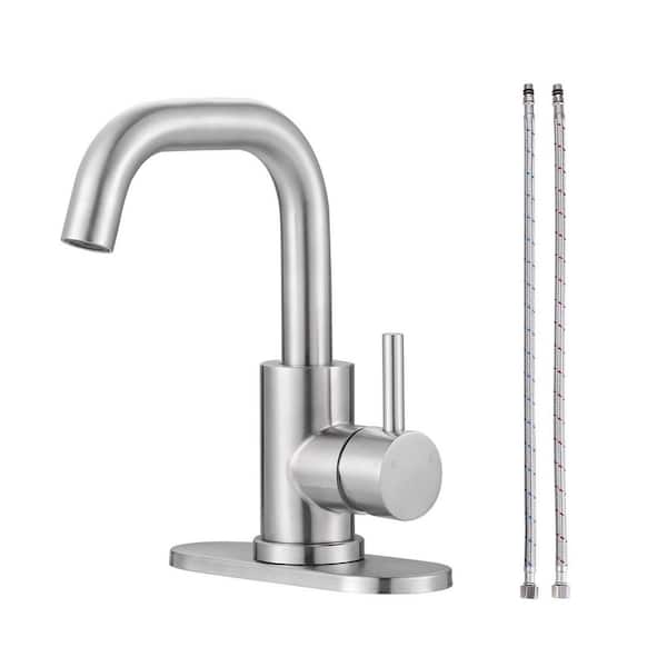 Modern Single Handle Stainless Steel Bar Faucet with Deck Plate and Supply Lines in Brushed Nickel