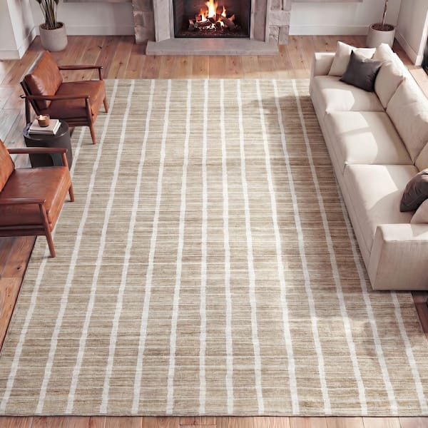 Orton Distressed Ticking Stripe Non-Slip Machine-Washable Beige/Cream 5 ft. x 8 ft. Area Rug
