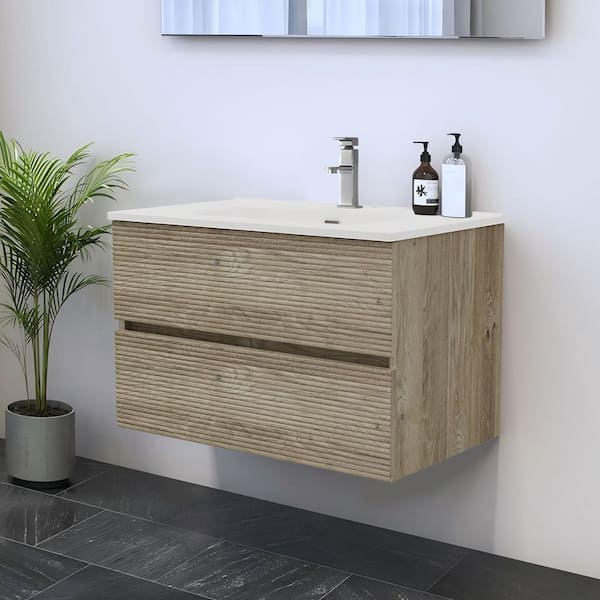 Paterno 29.63 in. W x 17.93 in. D x 18.79 in. H Single Sink Floating Rough Oak Bath Vanity with White Ceramic Vanity Top
