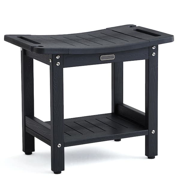 HDPE Shower Bench in Black with Handles, Shower Head Holder and Storage Shelf, Waterproof Shower Stool for Shaving Legs