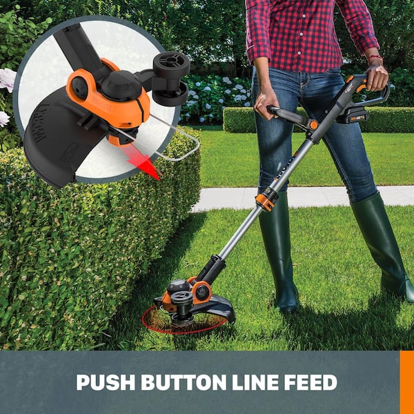 Worx Power Share 20 Volt 12 In Max Lithium Ion Cordless Grass Trimmer Edger With Two 2 0 Ah Batteries And One 2 Amp Charger Wg163 10 The Home Depot