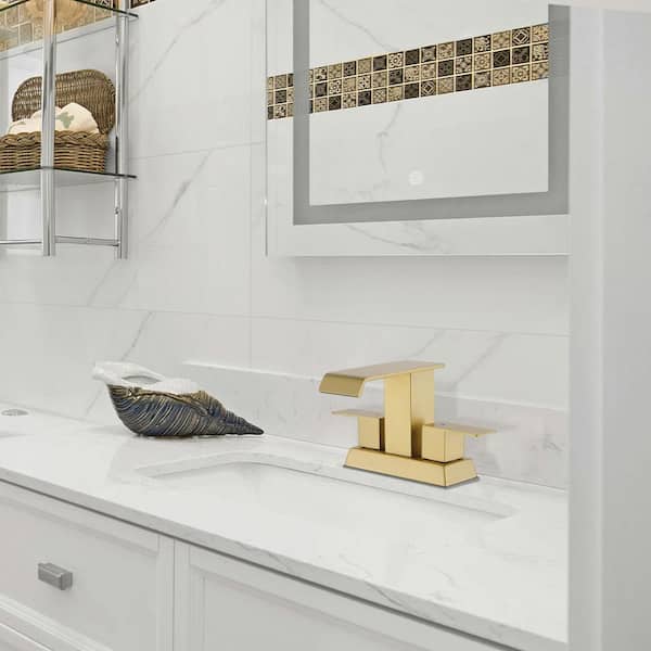 304 stainless steel 4 in. Centerset Double Handle Bathroom Faucet with Drain Kit Included in Gold