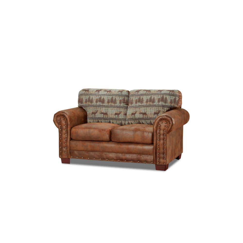 Deer Teal Lodge 67 in Brown Microfiber Two Seat Loveseat with Nail Head Acc
