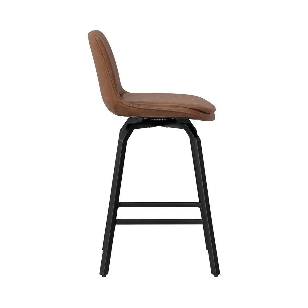 Side view of a brown faux leather swivel bar stool with a black metal frame.