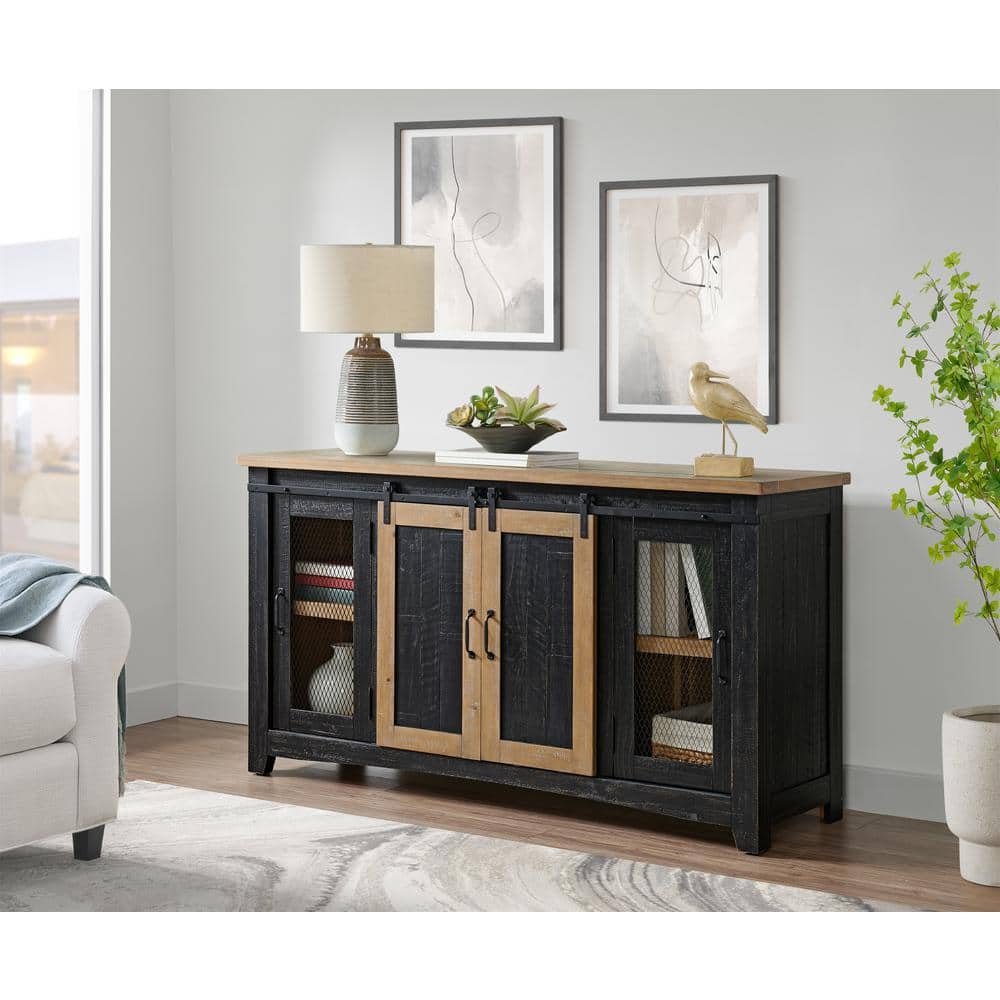 Rustic Black and Driftwood Pine Wood TV Stand with Cabinet