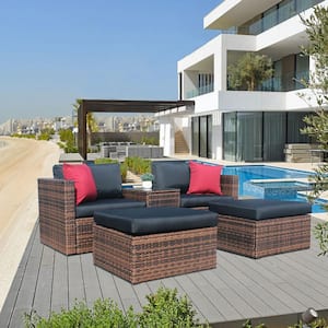 5 Pieces Patio Brown Wicker Outdoor Sectional Conversation Sofa Set with Black Cushions