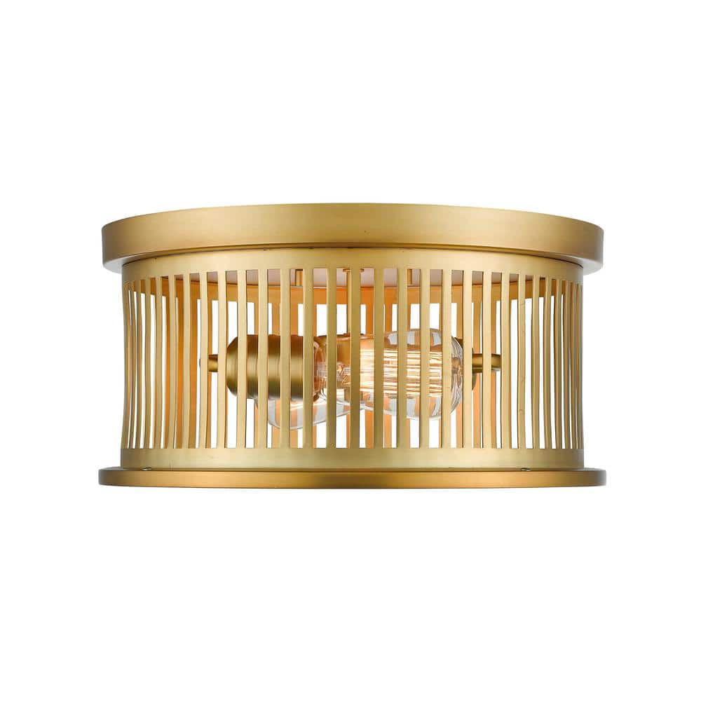 Camellia 13.12 in. 2-Light Brass Flush Mount Light with Brass Steel Shade w