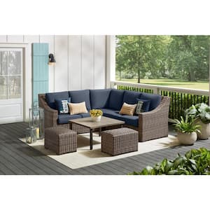 Rock Cliff 6-Piece Brown Wicker Outdoor Patio Sectional Sofa Set with Ottoman and CushionGuard Sky Blue Cushions