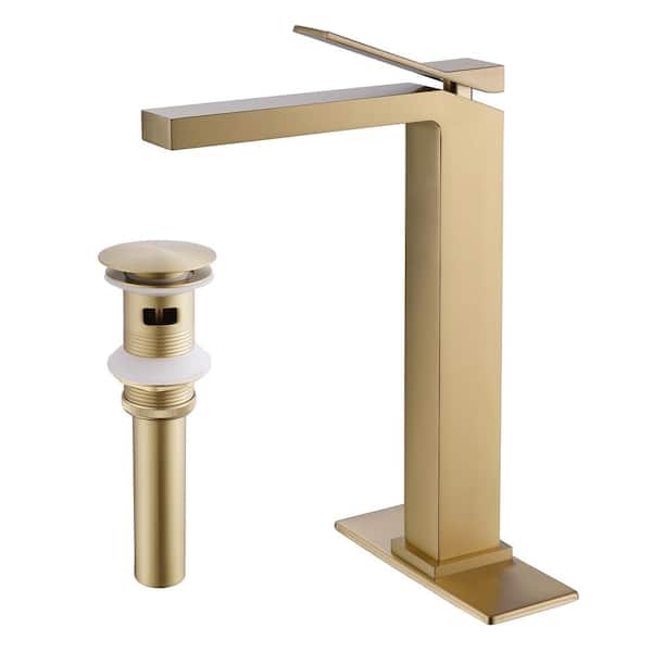 Tomfaucet 12 in. Solid Brass Single Handle Vessel Sink Bathroom Faucet with Deckplate Included and Drain Kit in Brushed Gold