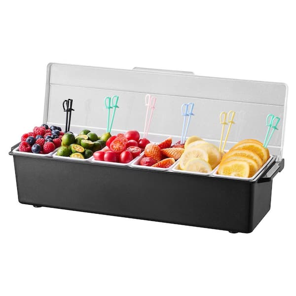 Chilled Condiment Server, 6-Compartment Ice Cooled Tray, Garnish Bar Caddy with Lid, for Bartending, Taco, Salad, Fruit