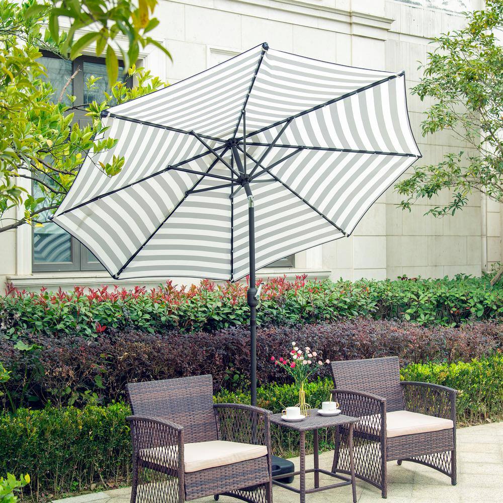 Gray and White Striped 9-Foot Solar LED Patio Umbrella with Tilt and Crank