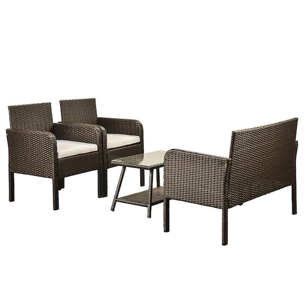 ouoteto Brown 4-Piece Wicker Outdoor Sectional Set with White Cushion
