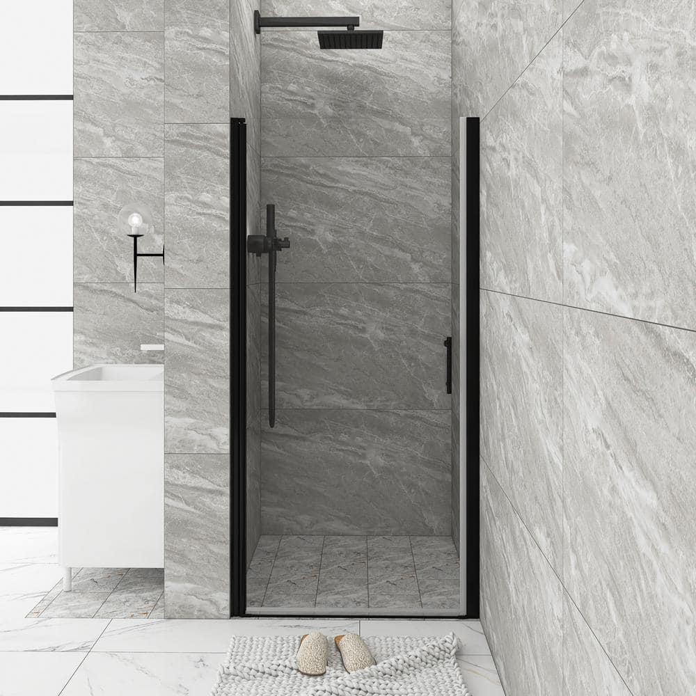 31 in. W x 72 in. H Pivot Semi-Frameless Shower Door in Matte Black with Cl