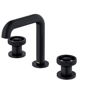 Tryst Widespread Wheel 2-Handle Three Hole Bathroom Faucet with Matching Pop-up Drain in Matte Black