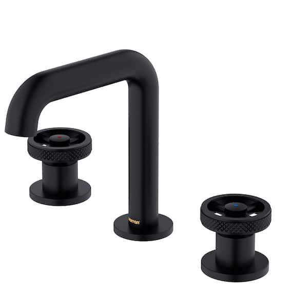 Karran Tryst Widespread Wheel 2-Handle Three Hole Bathroom Faucet with Matching Pop-up Drain in Matte Black