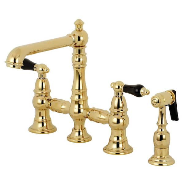 Kingston Brass Duchess 2 Handle Bridge Kitchen Faucet With Side Sprayer In Polished Brass Hks7272pklbs The Home Depot