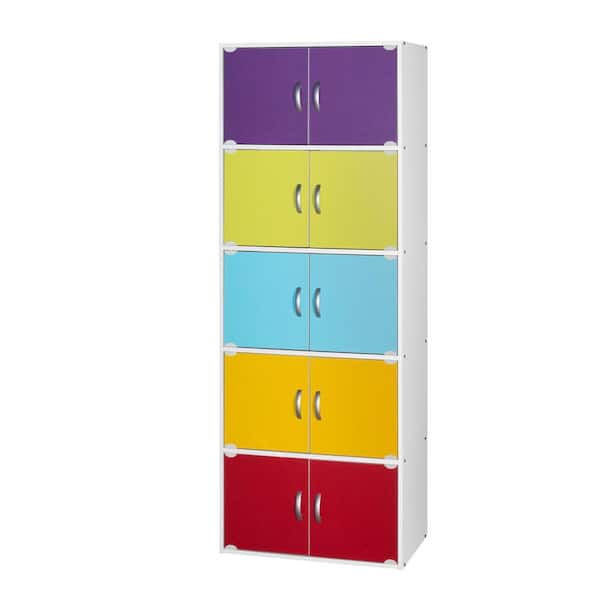 HODEDAH 67 in. High 5-Shelf, 10-Door Wood Bookcase in Rainbow