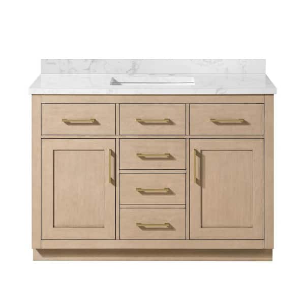 Athea 48 in. Freestanding Sahara Birch Bath Vanity with White Engineered Marble Top, Power Bar and Brushed Gold Hardware