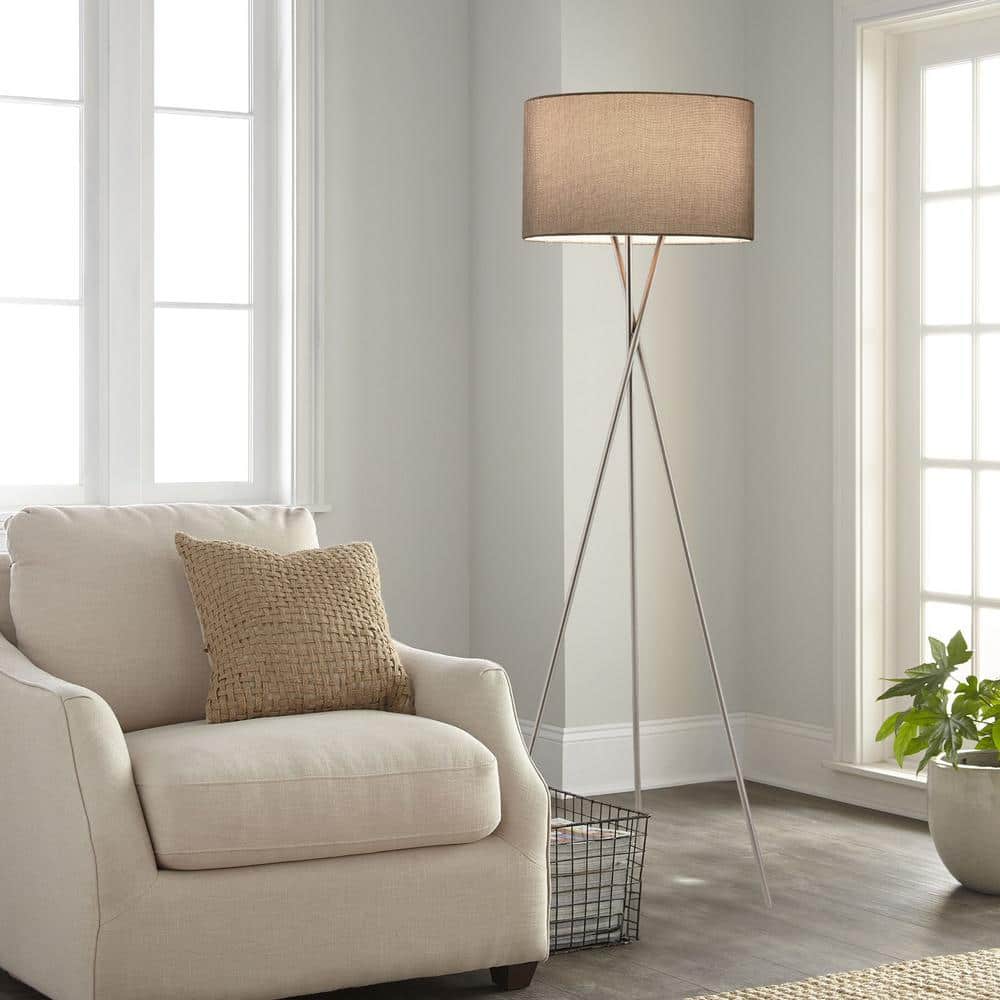 Gray Fabric Shade Brushed Nickel Tripod Floor Lamp
