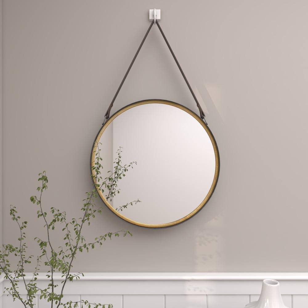 Contemporary Round Gold Metal Mirror with Leather Hang Strap