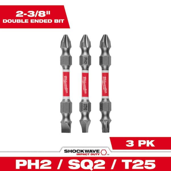 SHOCKWAVE Impact Duty Alloy Steel PH2/SQ2/T25 Double Ended Bits (3-Piece)