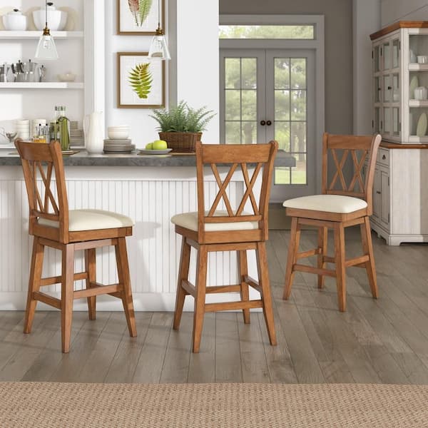 Oak Double X-Back Wood Swivel Bar Stool