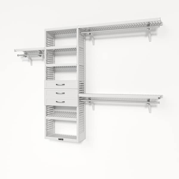 72 in. W - 120 in. W White Reach in with 3 Shaker Style Drawers 12 in. Shelf Wood Closet System