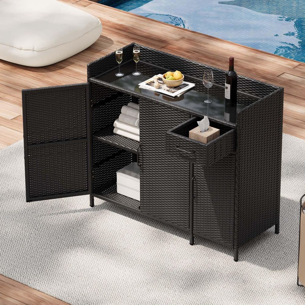 47.5 in. W Black Brown Wicker Outdoor Bar Cart with Tempered Glass Table To