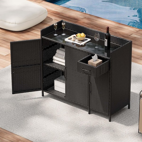 Unbranded 47.5 in. W Black Brown Wicker Outdoor Bar Cart with Tempered Glass Table Top Rattan Patio Bar Table with Storage