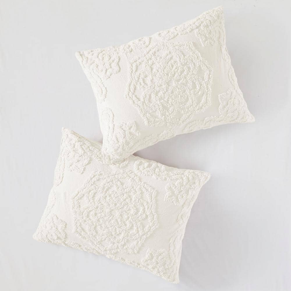 King Size White Cotton Chenille Comforter Set