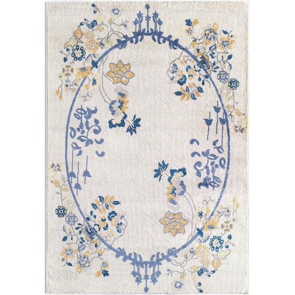 Rugs America Valentina Hanna White 5 ft. x 7 ft. Yellow Magnolia Floral White Transitional Area Rug