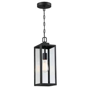 1-Light Matte Black Outdoor/Indoor Pendant Light with Clear Glass Shade
