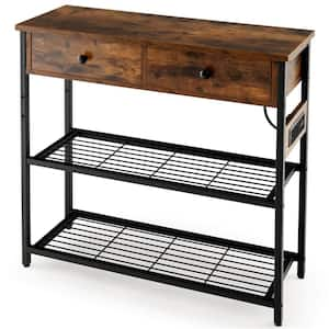 32 in. Rustic Brown Rectangle Wood Top Entryway Table End Table with 2-Drawers Charging Station Narrow Console Table