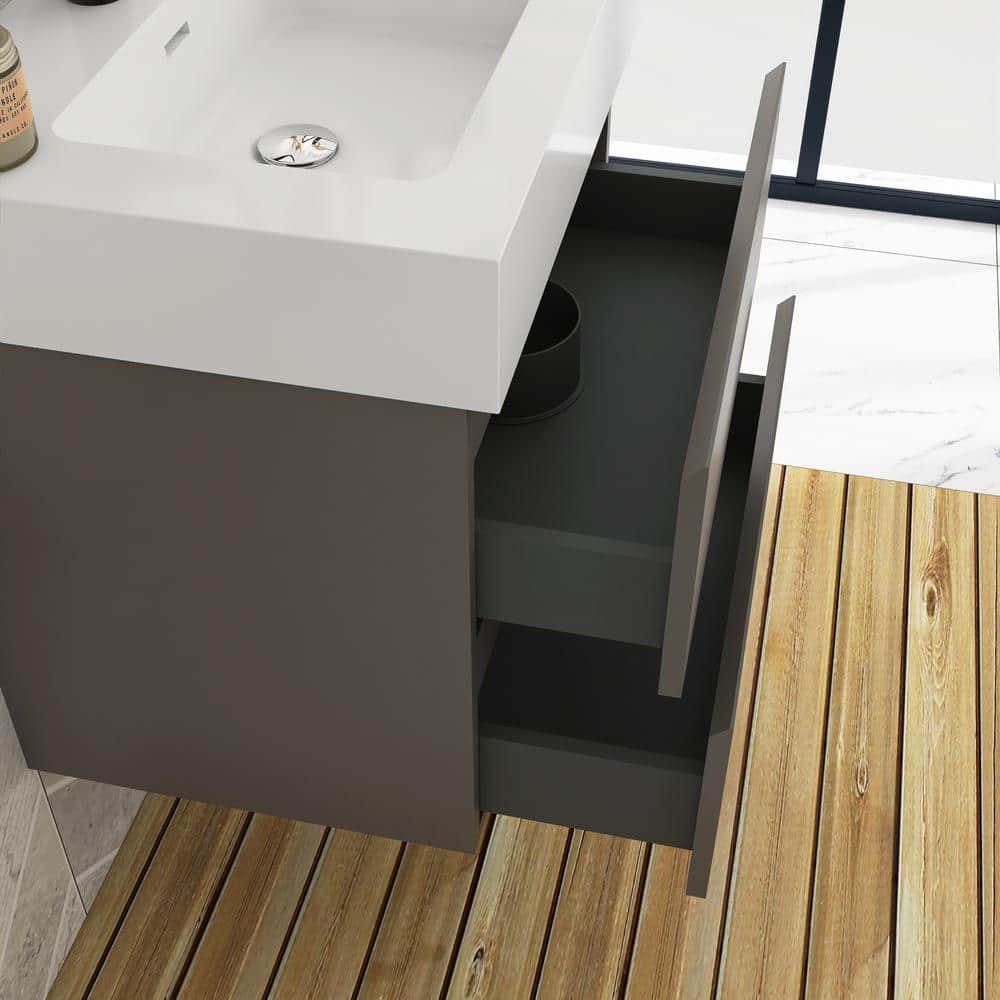 24" Grey Wall-Mounted Bathroom Vanity with White Cultured Marble Sink