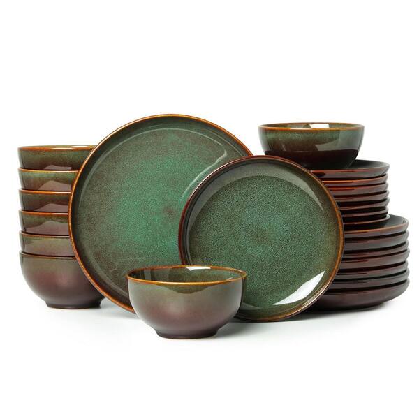 Green 12-Piece Reactive Glaze Stoneware Dinnerware Set Brown Microwave Dishwasher Safe Service for 8