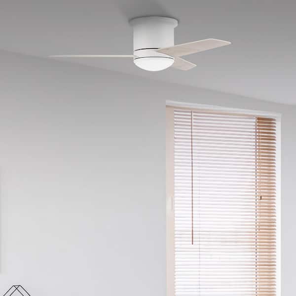 44 in. White, White/Washed Oak Blades Flush Mount Damp Propeller Outdoor Ceiling Fan w/ Integrated LED, Control Included