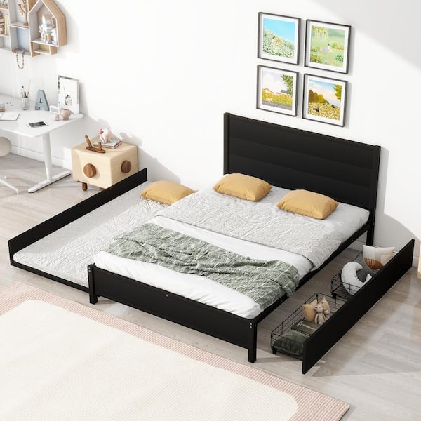 Harper & Bright Designs Black Metal Frame Queen Size Platform Bed with Twin Size Trundle and 2-Drawer