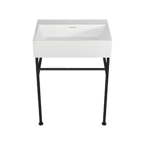 24 in. Ceramic White Single Bowl Console Sink Basin and Legs Combo with Overflow and Black Metal Leg