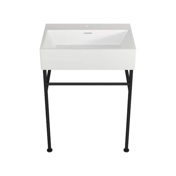 Logmey 24 in. Ceramic White Single Bowl Console Sink Basin and Legs Combo with Overflow and Black Metal Leg