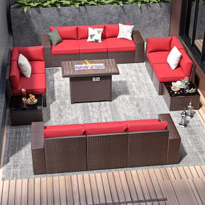 13-Piece Outdoor Fire Pit Patio Set, Patio Sectional Set with Fire Pit Table, Coffee Table, Red Cushions, Set Covers