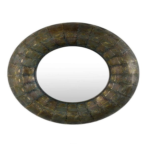 Benjara Bronze 33 in. x 33 in. Round Metal Embossed Design Decorative Wall Mirror