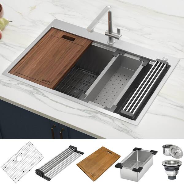 BURCHAIN 30 Inch Stainless Steel Kitchen Sink 16 Gauge Drop In Single Bowl  Workstation Sink 2-Hole Top Mount Kitchen Basin with 5 Accessories (Brushed