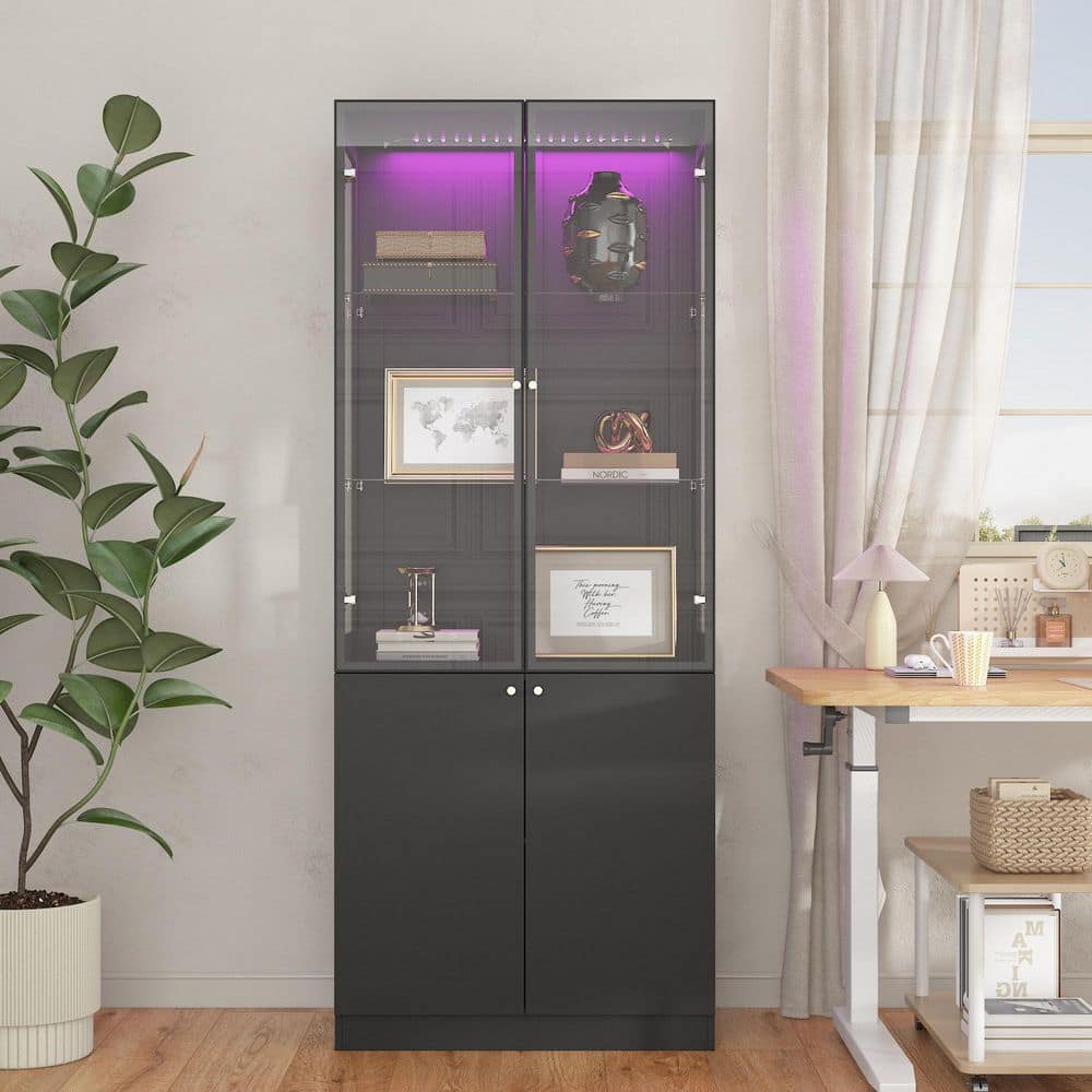 78.7 in. Tall Black Wood 5-Shelf Bookcase, Storage Cabinet, Display Storage, Sideboard with Glass Doors & Glass Shelves price history on PriceWatchPro